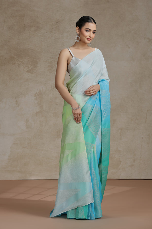 Ambre Organza Saree with Weaving & Firozi Blue Dola Silk Blouse