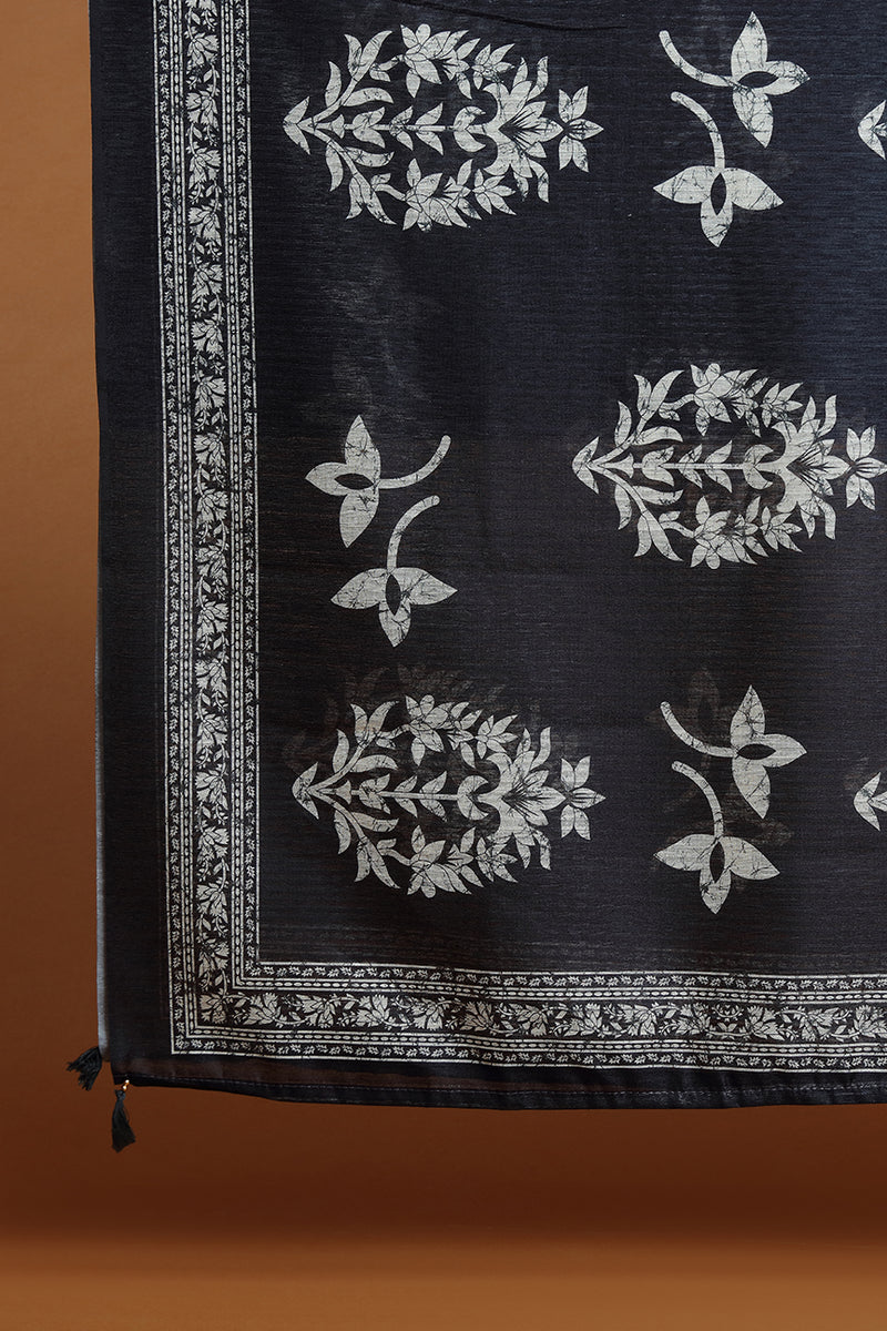 Slate Blue Floral Printed Dupatta with Border Detail