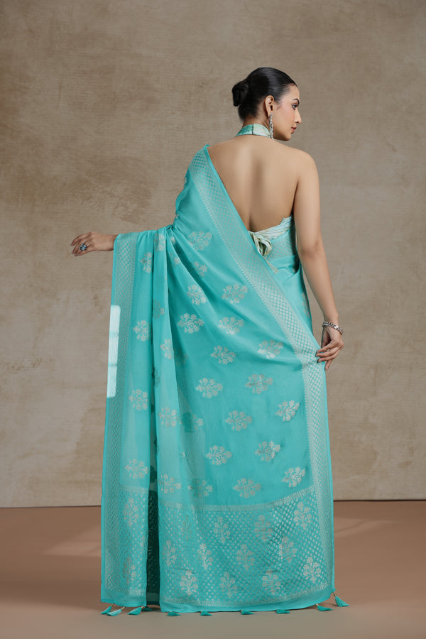 Firozi Blue Dola Silk Saree with Woven Detailing