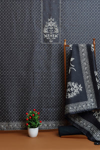 Slate Blue Floral Printed Dupatta with Border Detail