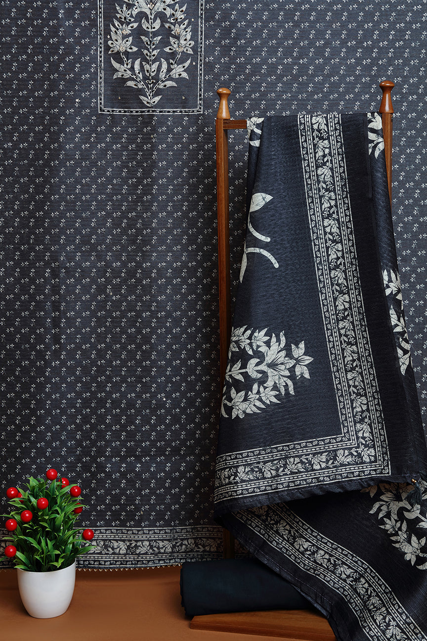 Slate Blue Floral Printed Dupatta with Border Detail