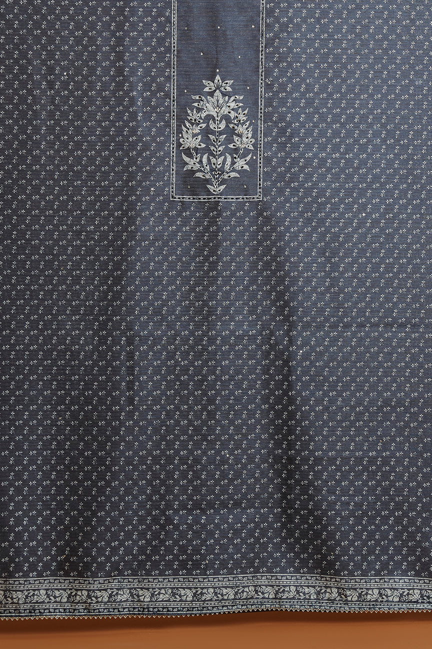 Slate Blue Floral Printed Dupatta with Border Detail