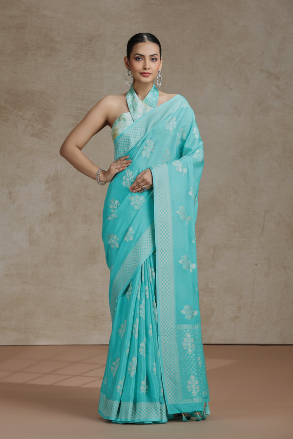 Firozi Blue Dola Silk Saree with Woven Detailing