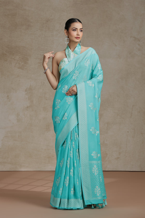 Firozi Blue Dola Silk Saree with Woven Detailing