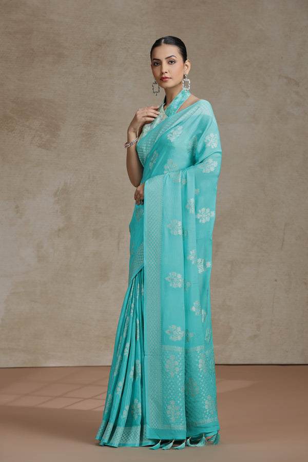 Firozi Blue Dola Silk Saree with Woven Detailing