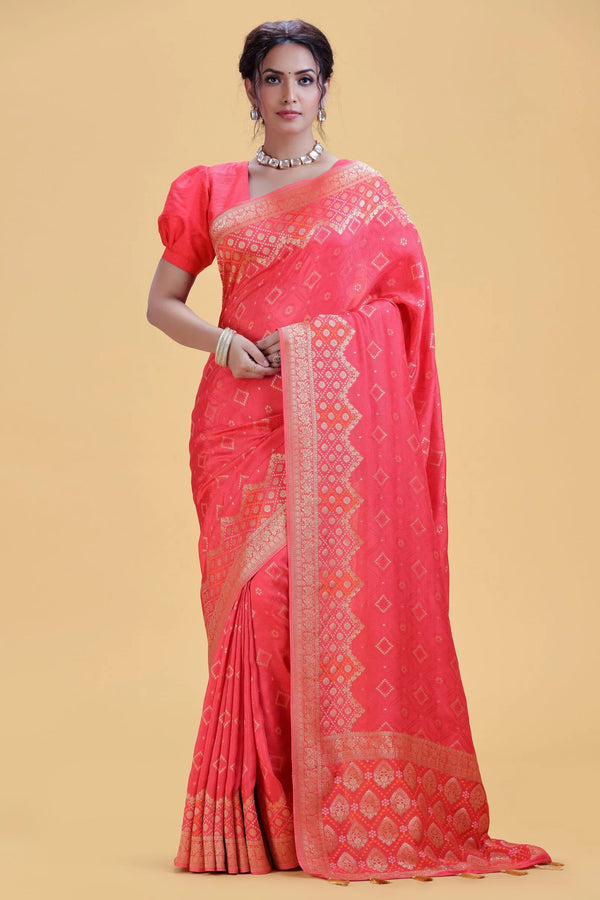 Dark Pink Dola Silk Saree with Unstitched Blouse