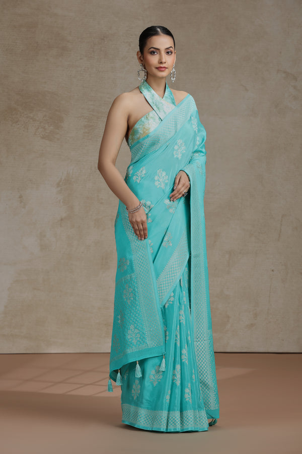Firozi Blue Dola Silk Saree with Woven Detailing