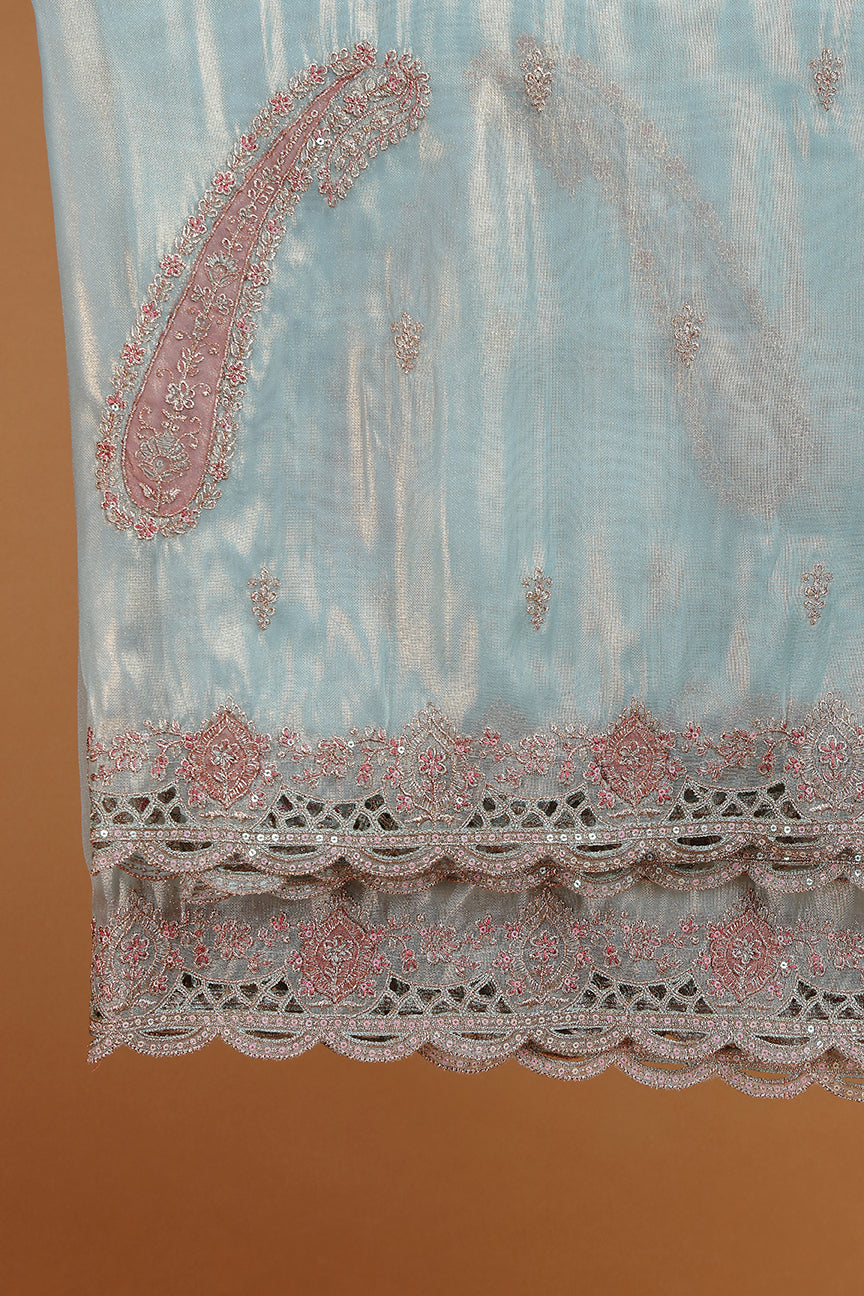 Blue-Grey Kurta with Intricate Embroidered Front Panel