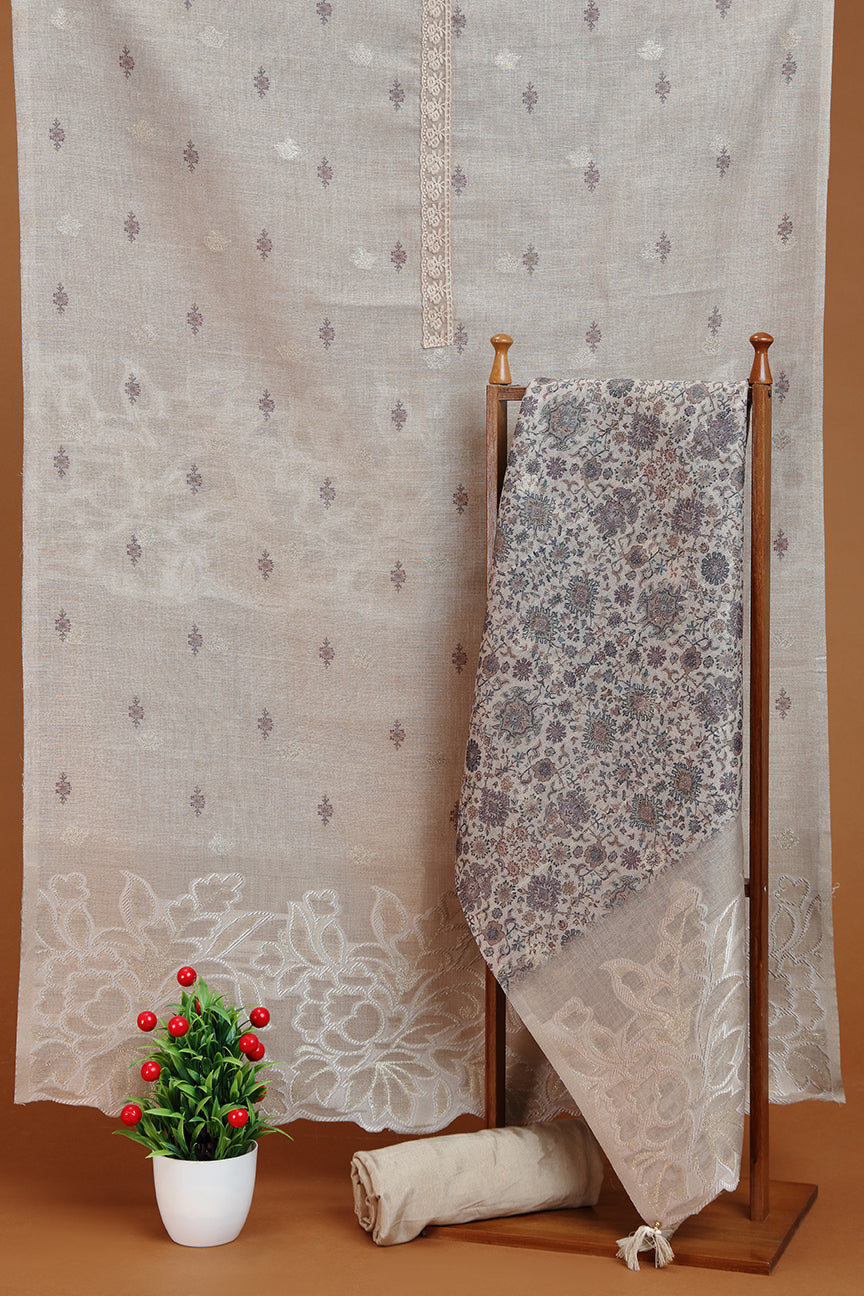 Beige Printed Kora Silk Kurta with Satin Silk Salwaar