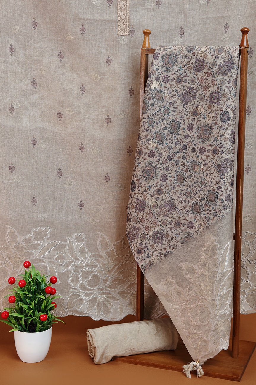 Beige Printed Kora Silk Kurta with Satin Silk Salwaar