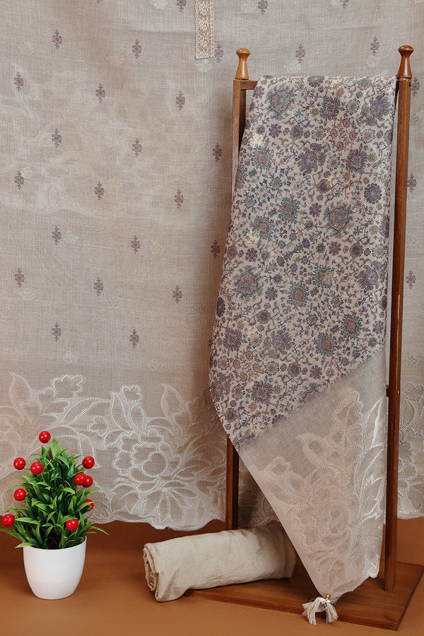 Beige Printed Kora Silk Kurta with Satin Silk Salwaar