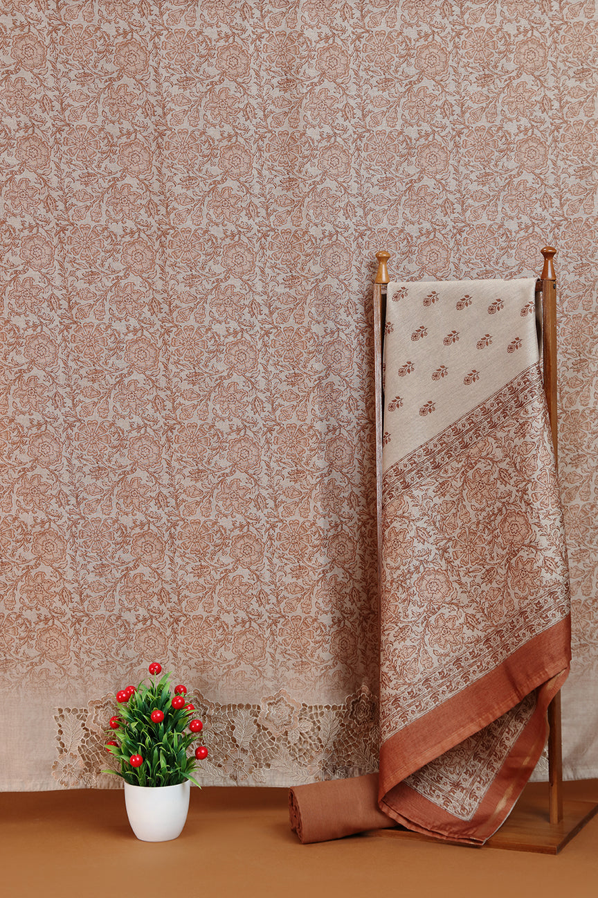 Brown Printed Chanderi Kurta with Delicate Floral Motifs