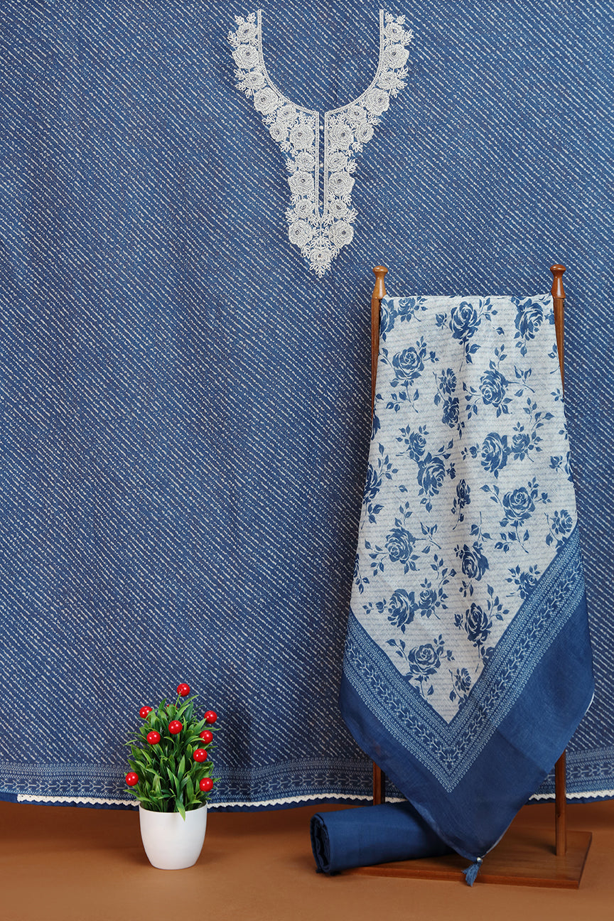 Indigo Kurta with Contrast White Embroidered Neckline