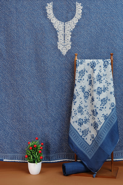 Indigo Kurta with Contrast White Embroidered Neckline