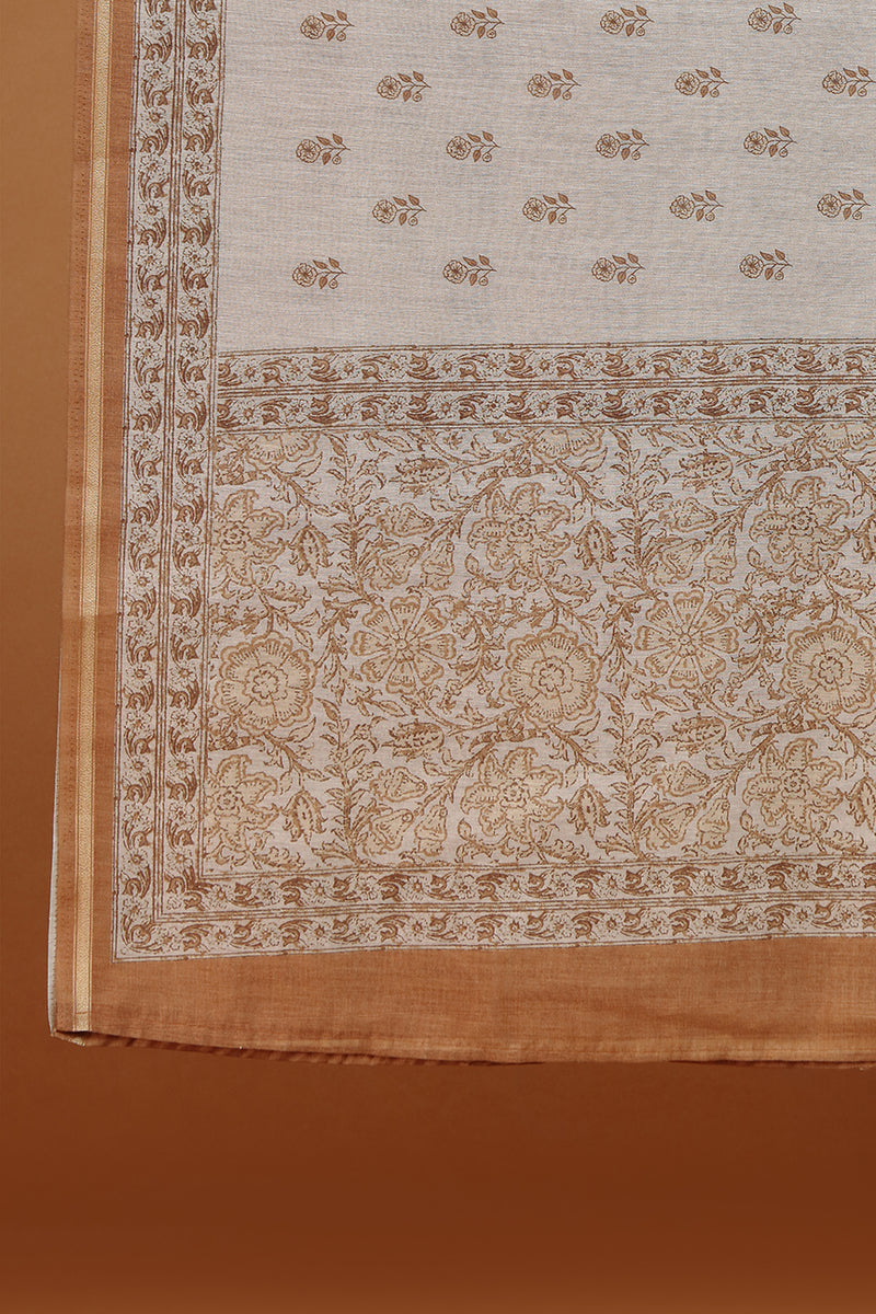 Taupe Printed Dupatta with Lace Border