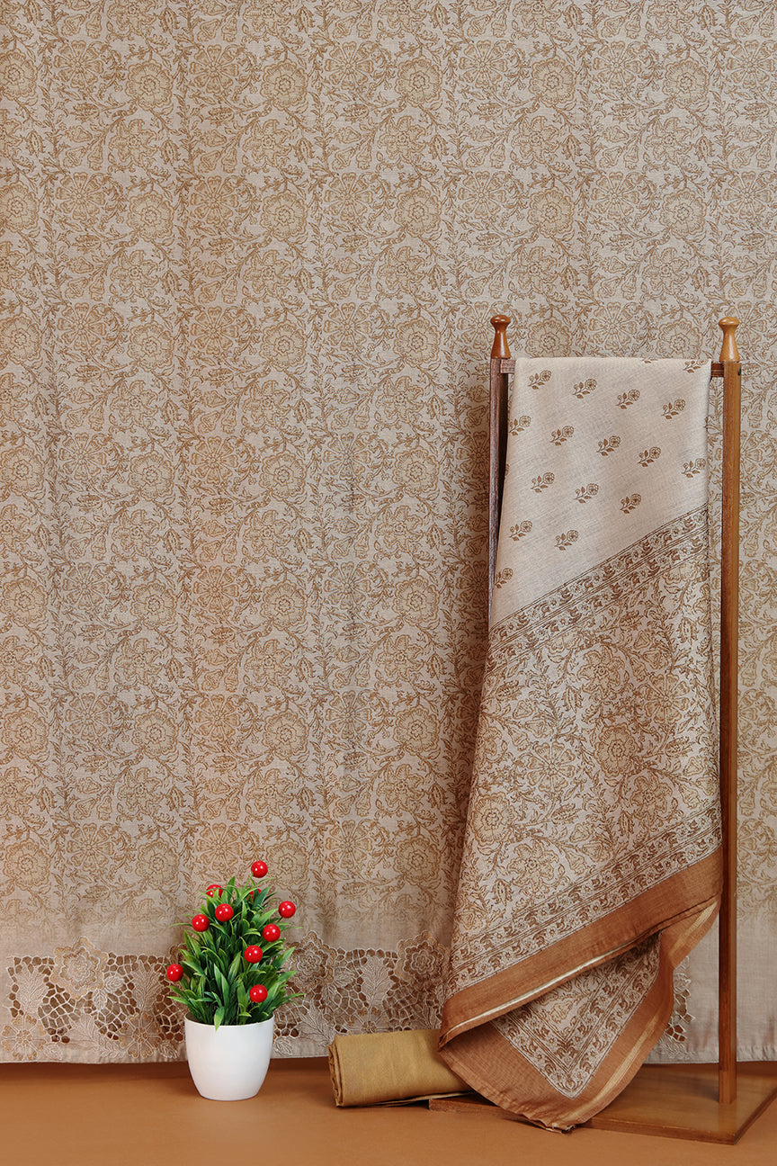 Taupe Printed Dupatta with Lace Border