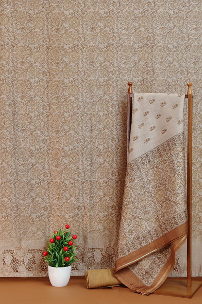 Taupe Printed Dupatta with Lace Border