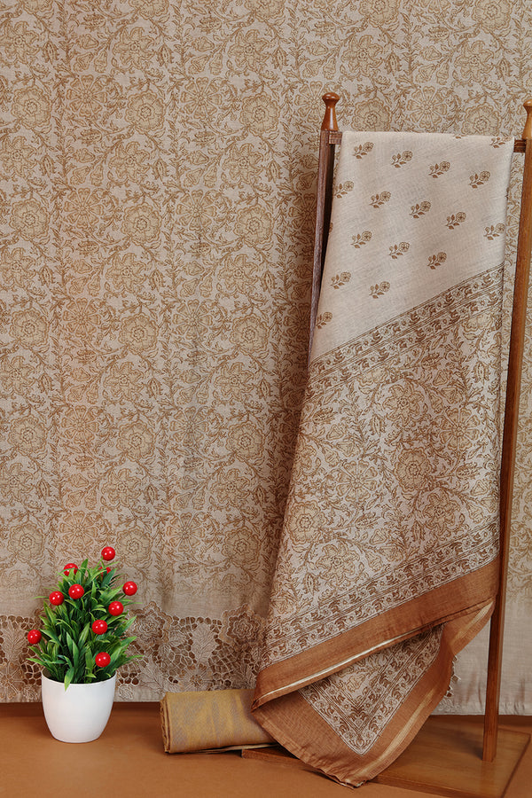 Taupe Printed Dupatta with Lace Border