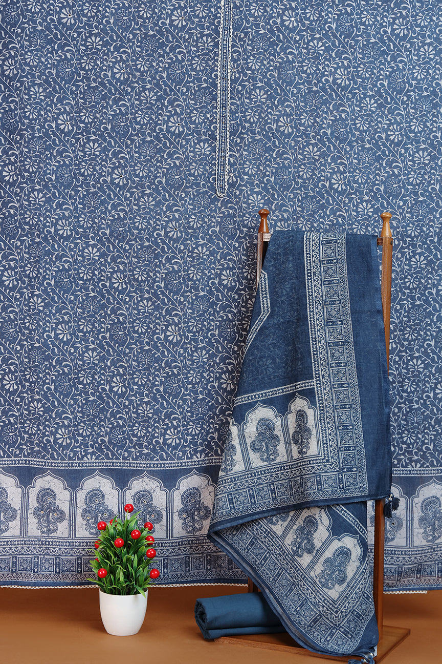 Blue Floral Printed Kurta with Front Placket Detail