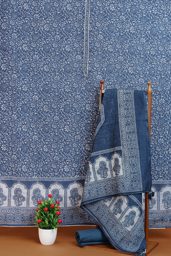 Blue Floral Printed Kurta with Front Placket Detail