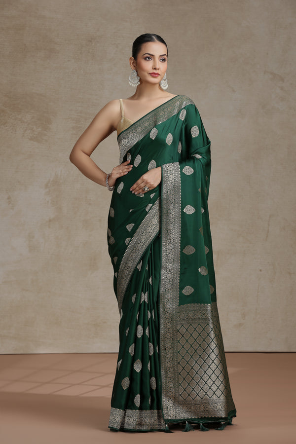 Bottle Green Dola Silk Saree with Woven Detailing
