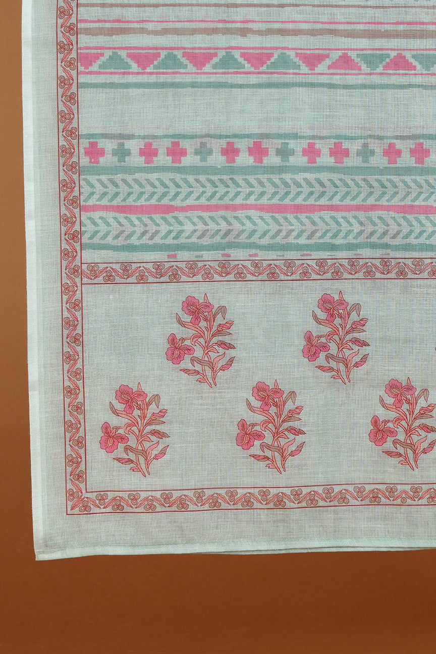 Sage Grey Printed Dupatta with Lace Detail