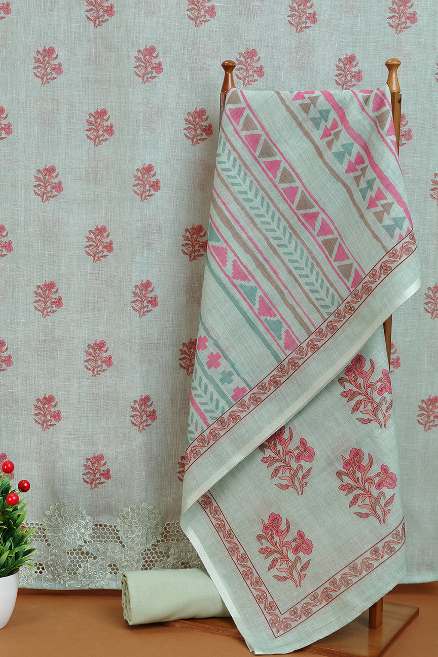 Sage Grey Printed Dupatta with Lace Detail