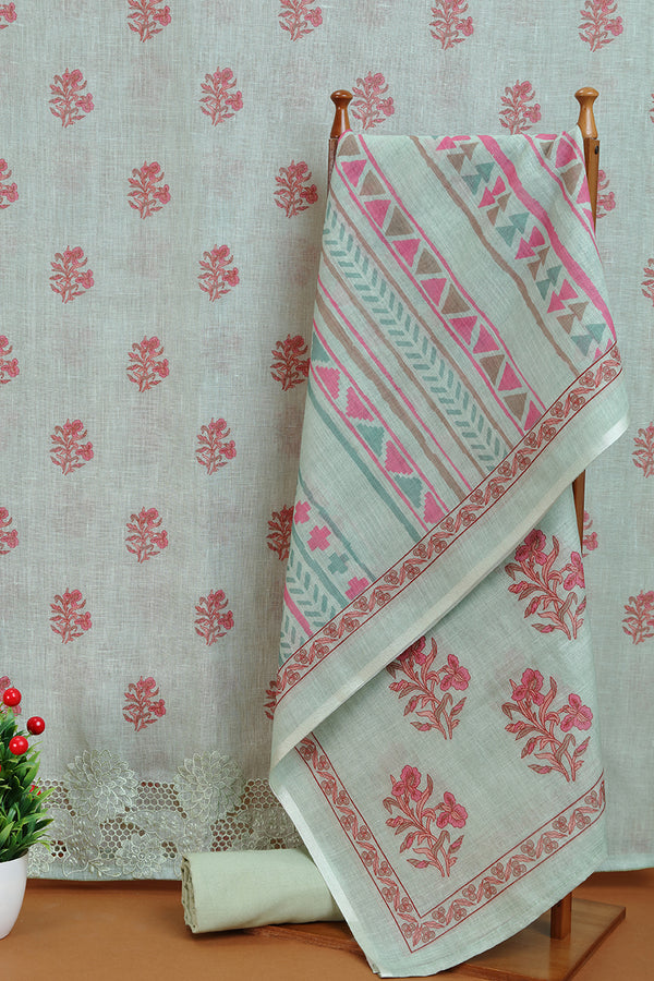 Sage Grey Printed Dupatta with Lace Detail