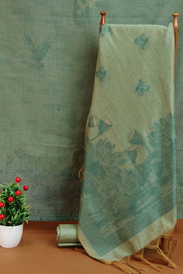 Peacock green silk fabric with Intricate Embroidery