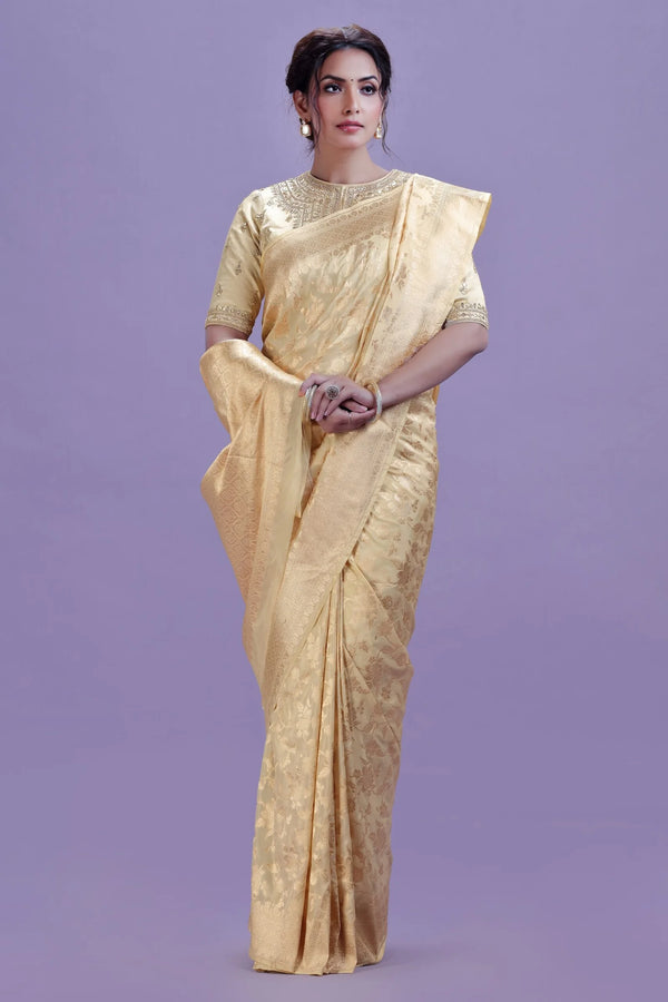 Beige Gold Kathan Silk Saree with Woven Detail