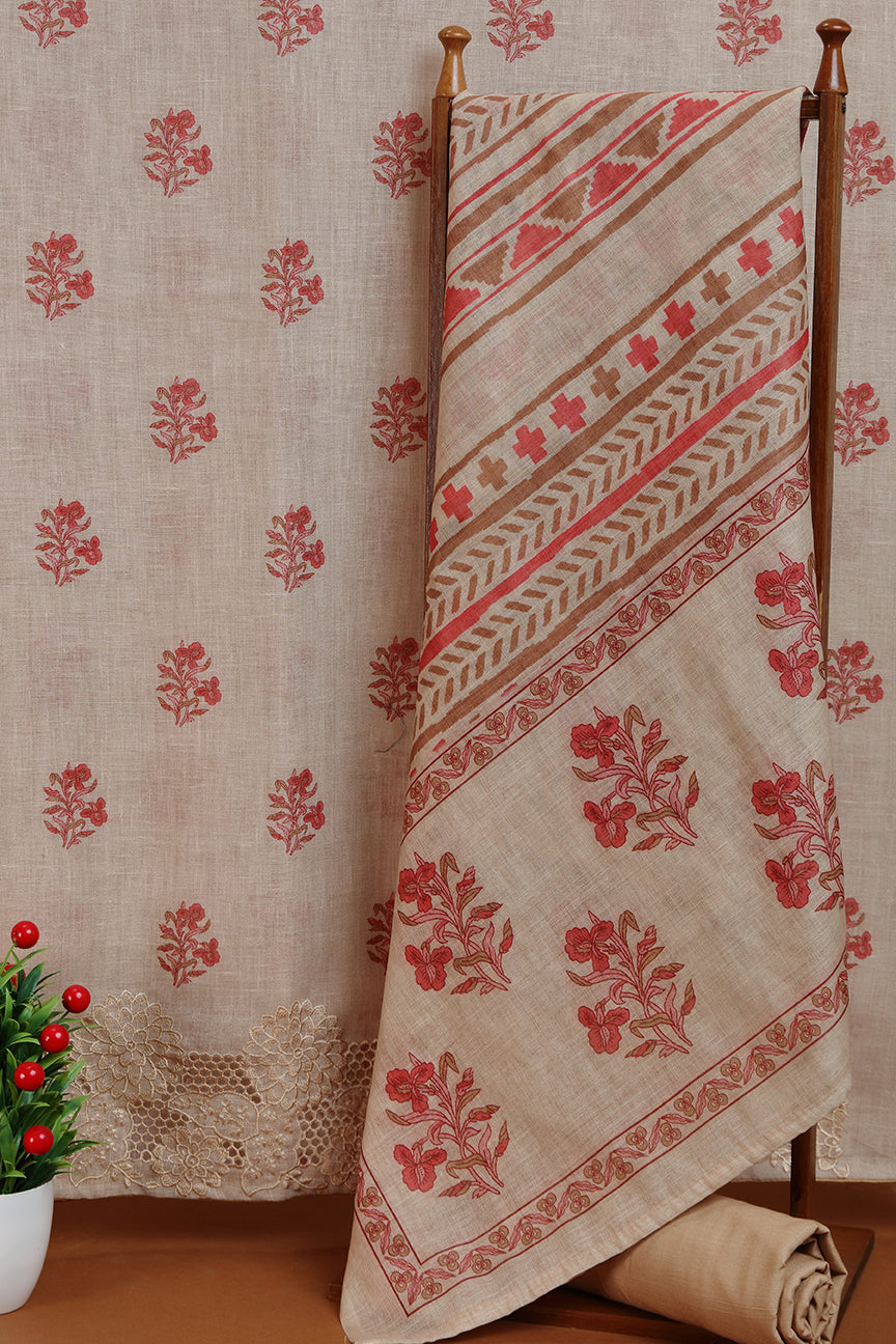 Mocha Taupe Printed Dupatta with Lace Detail