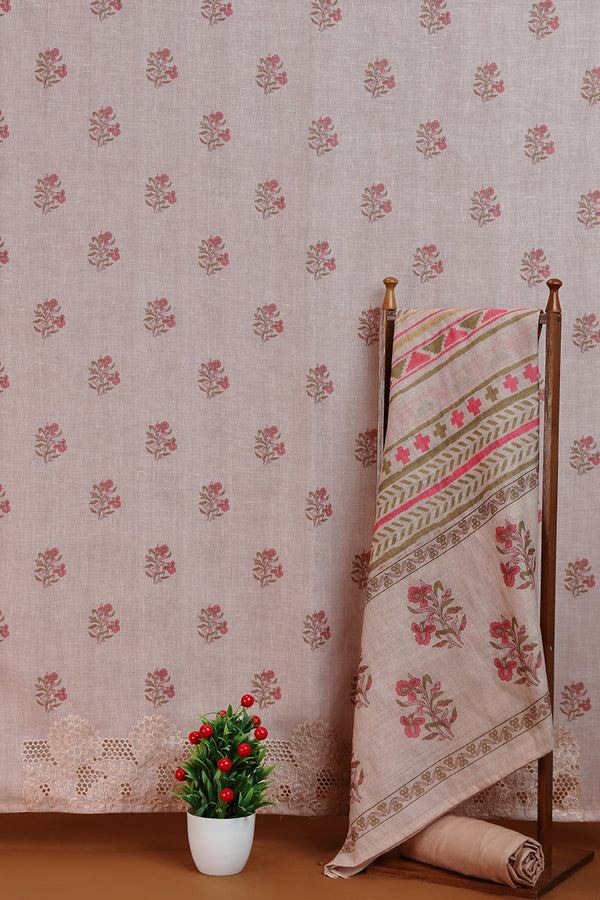 Taupe Beige Printed Dupatta with Lace Detail