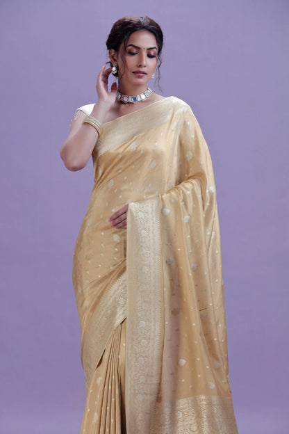 Elegant Beige Dola Silk Saree with Unstitched Blouse