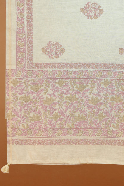 Beige Cotton Printed Kurta with Lace, Sequin & French Knot Detailing