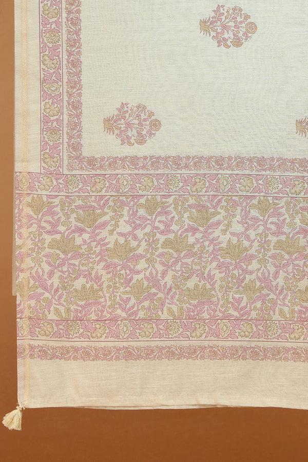 Beige Cotton Printed Kurta with Lace, Sequin & French Knot Detailing