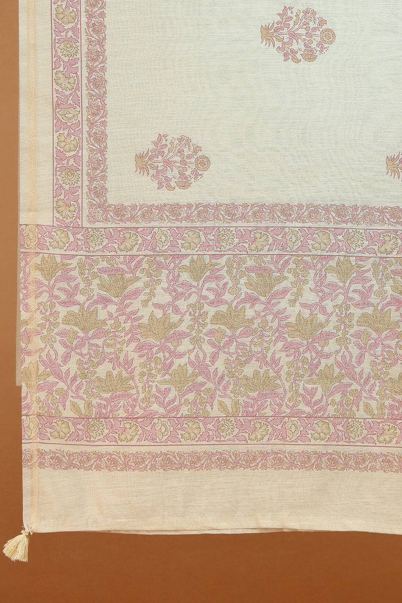 Beige Cotton Printed Kurta with Lace, Sequin & French Knot Detailing