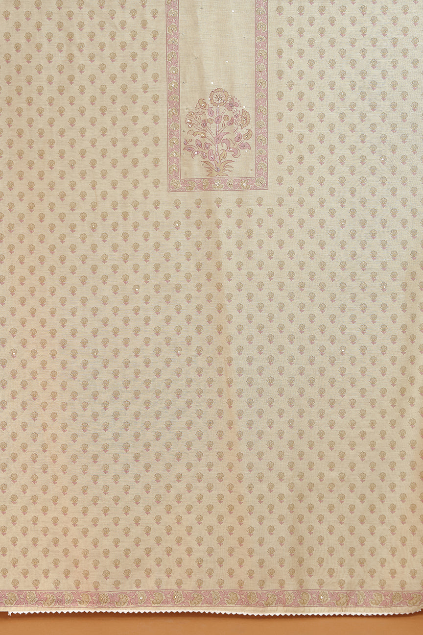 Beige Cotton Printed Kurta with Lace, Sequin & French Knot Detailing