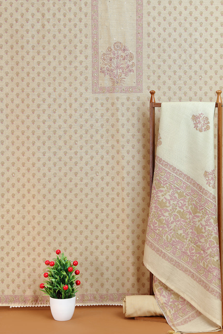 Beige Cotton Printed Kurta with Lace, Sequin & French Knot Detailing