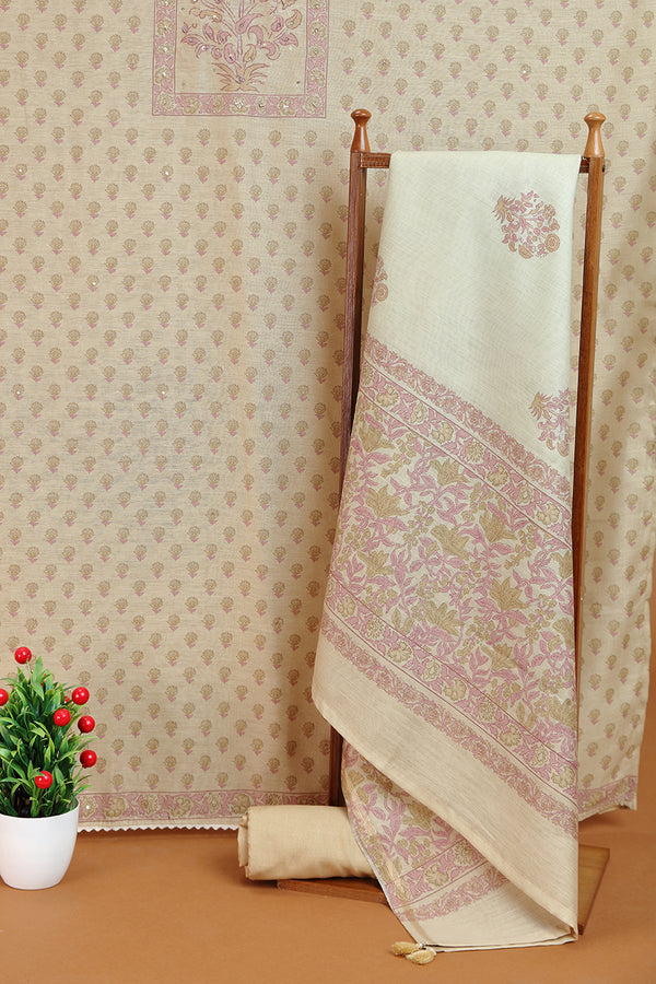 Beige Cotton Printed Kurta with Lace, Sequin & French Knot Detailing