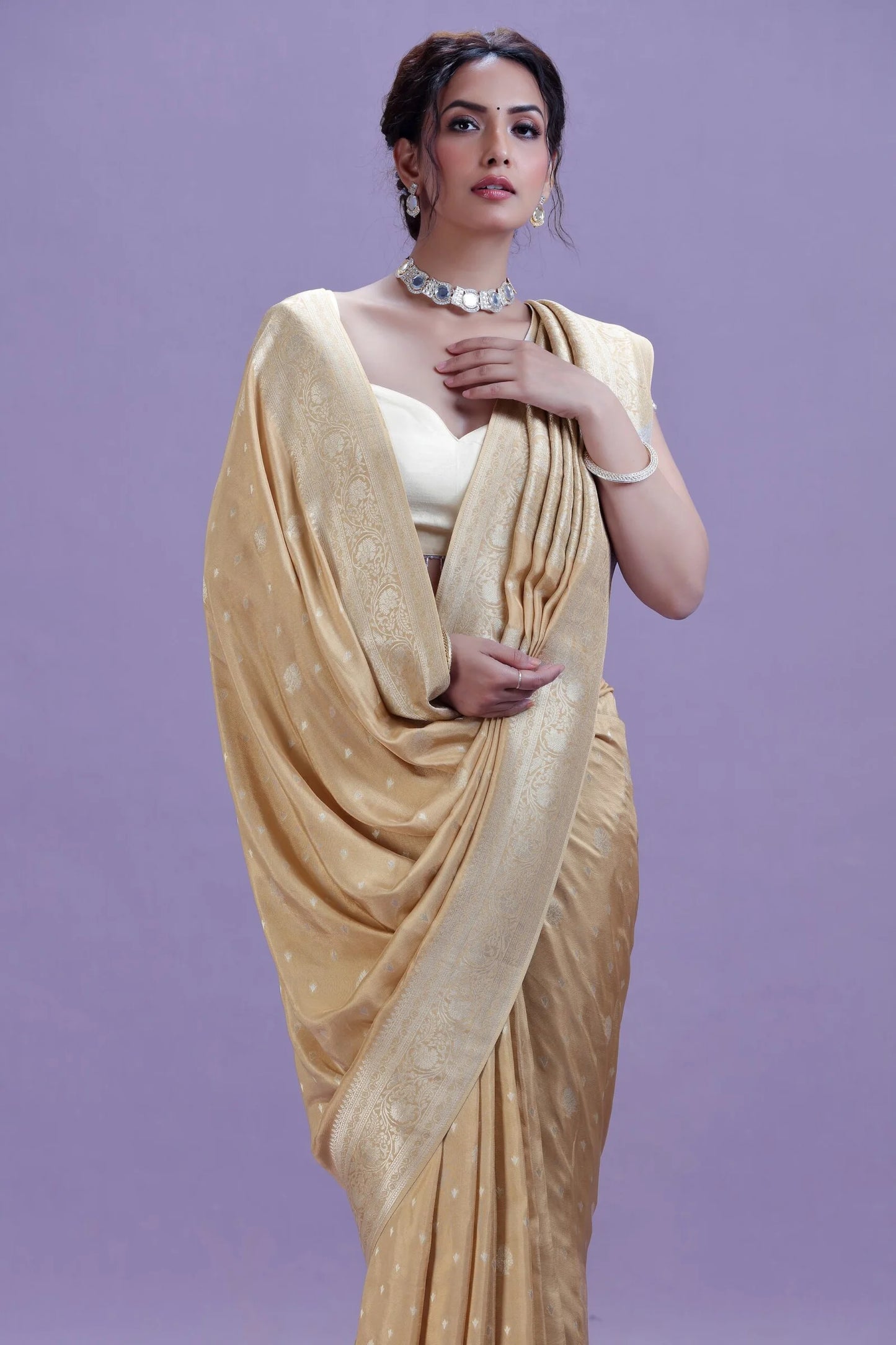 Elegant Beige Dola Silk Saree with Unstitched Blouse