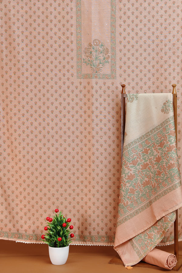 Peach Cotton Printed Kurta with Lace, Sequin & French Knot Work