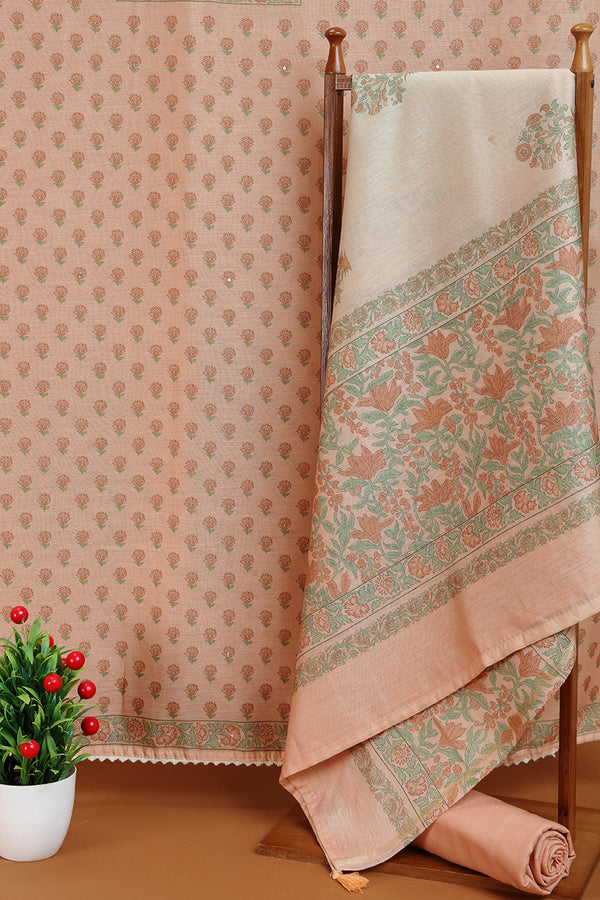 Peach Cotton Printed Kurta with Lace, Sequin & French Knot Work