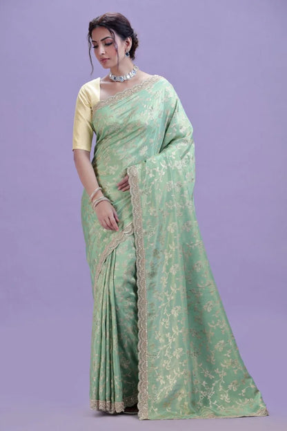 Sage Green Dola Silk Saree with Unstitched Blouse