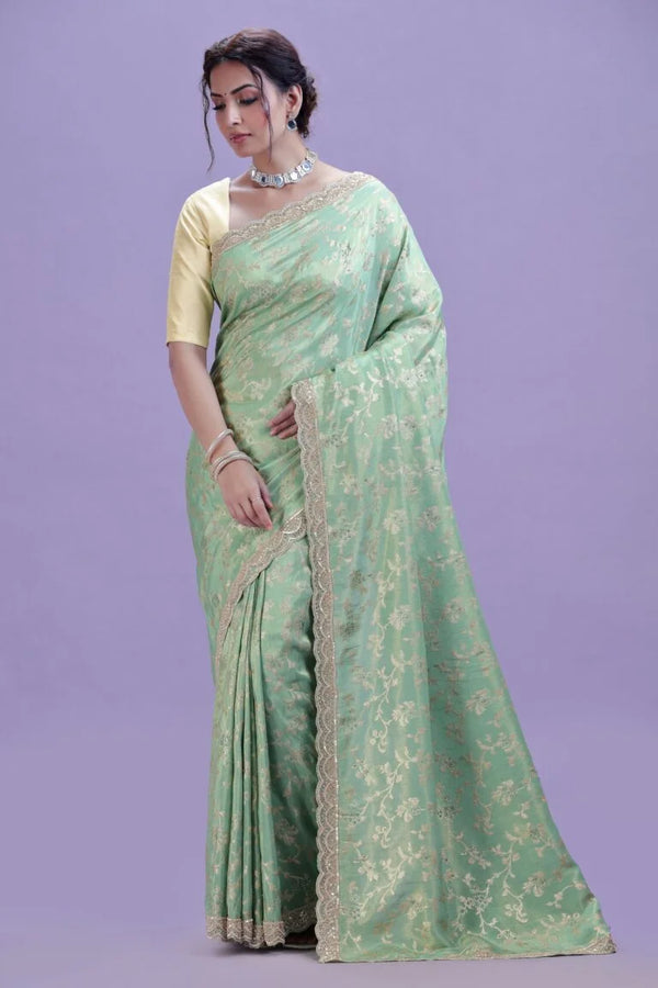 Sage Green Dola Silk Saree with Unstitched Blouse