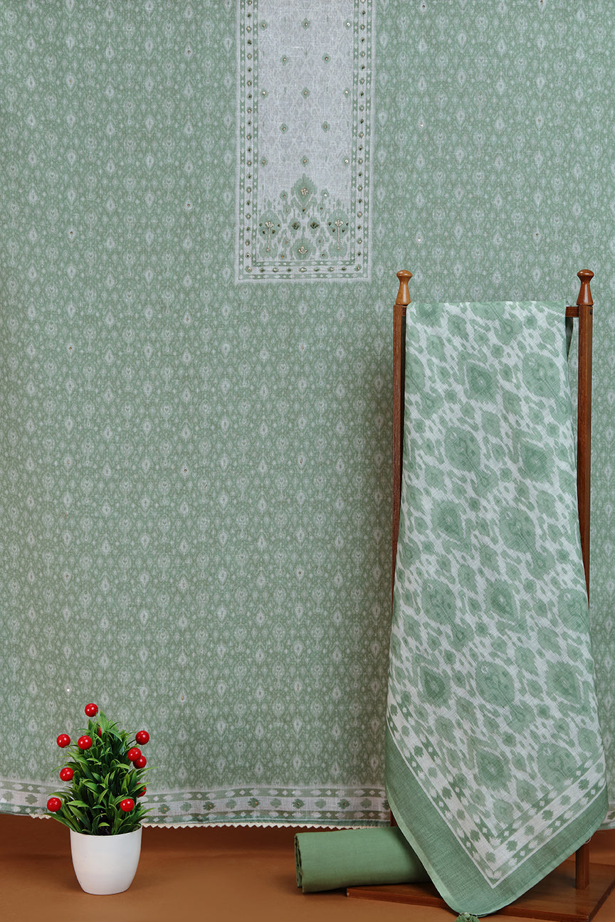 Olive Green Printed Dupatta with Contrast Border