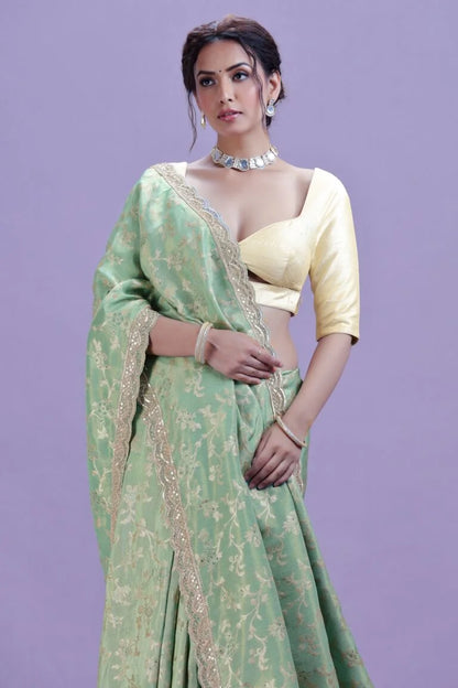 Sage Green Dola Silk Saree with Unstitched Blouse
