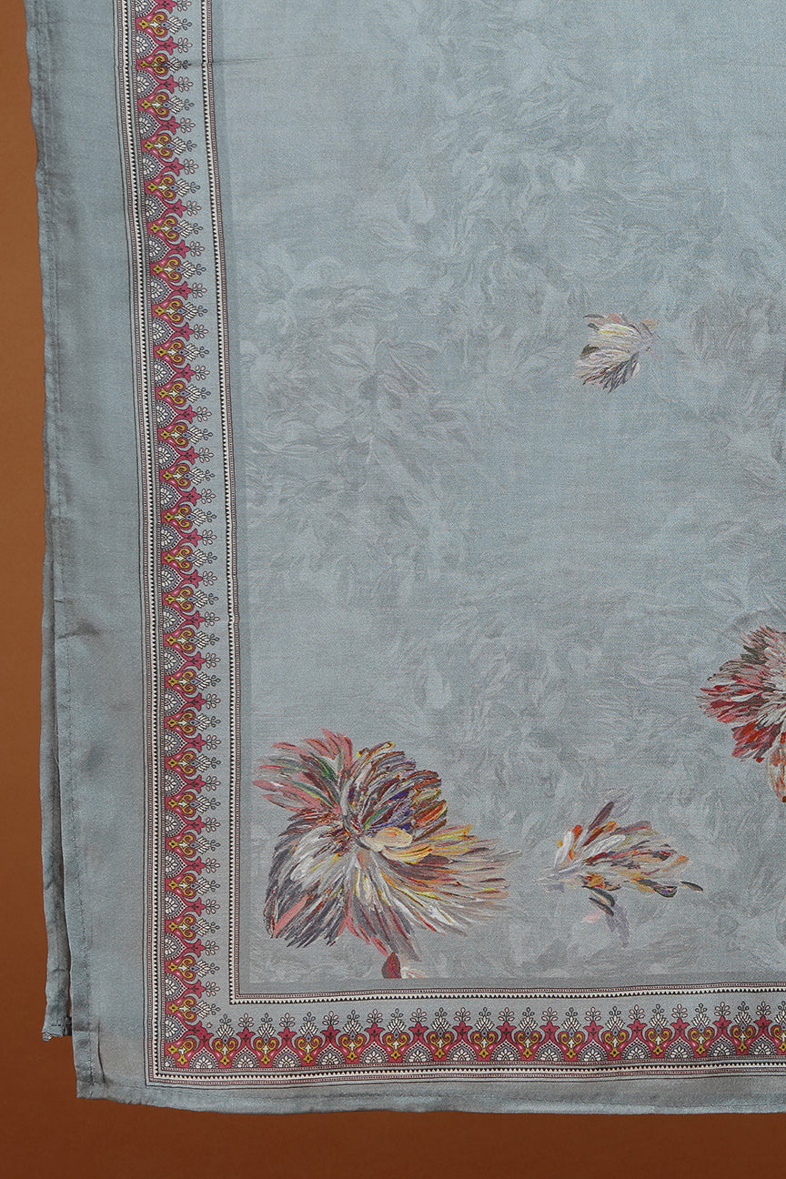 Sage Green Floral Printed Dupatta with Lace Border