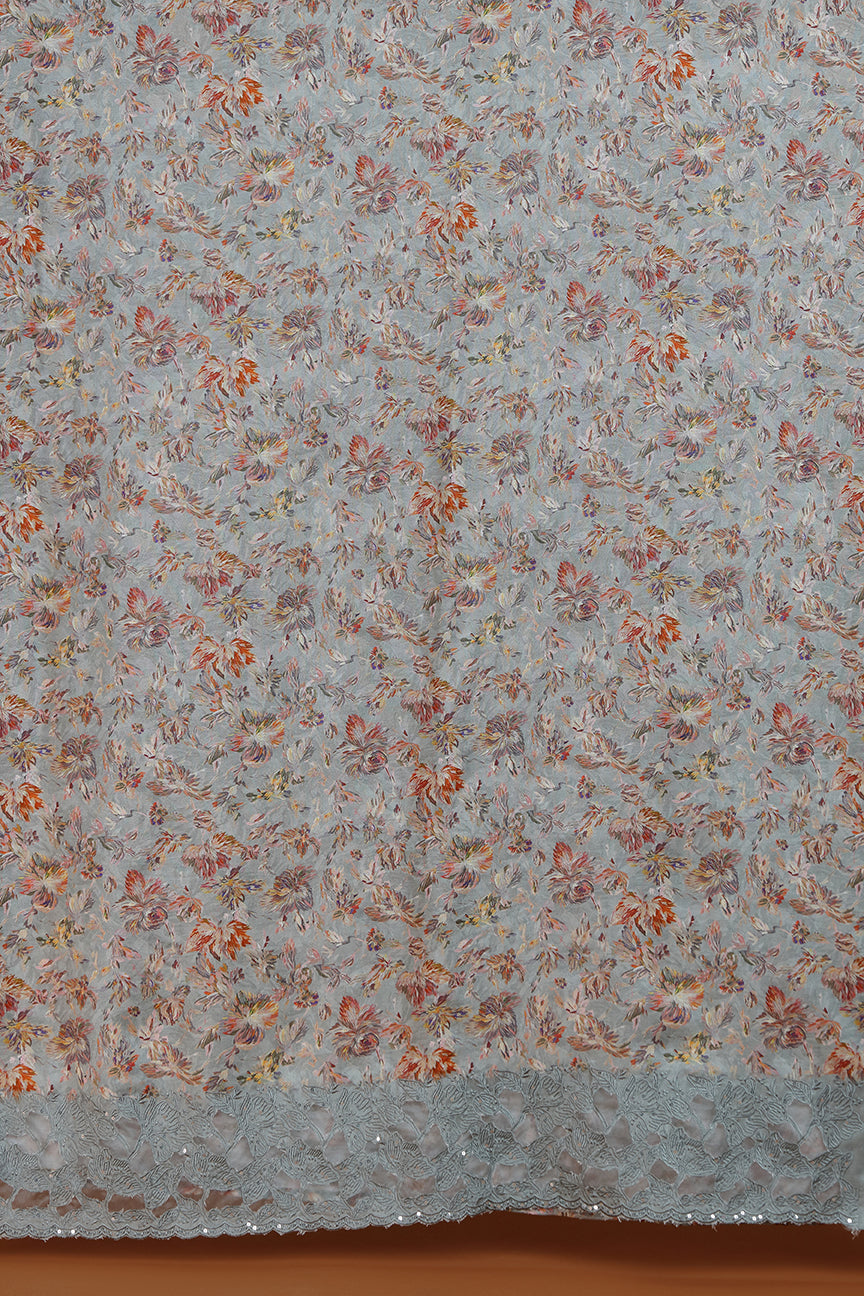 Sage Green Floral Printed Dupatta with Lace Border