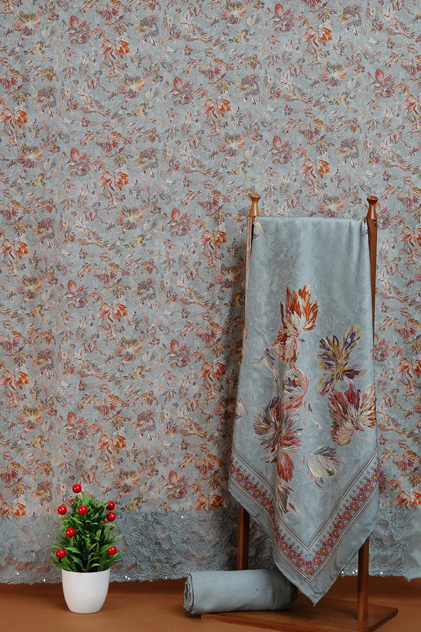 Sage Green Floral Printed Dupatta with Lace Border