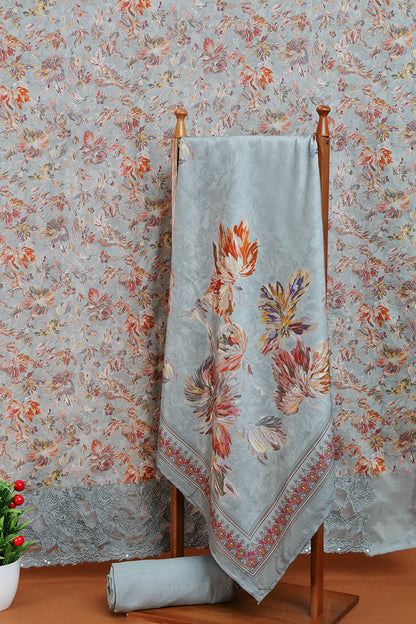 Sage Green Floral Printed Dupatta with Lace Border